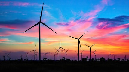 Silhouetted wind turbines against a vibrant sunset sky, symbolizing renewable energy and sustainable power generation. AI generated illustration