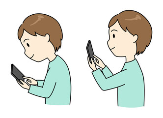 スマホを正しい姿勢と猫背で見ている若い男性の比較イラスト（ヨコ）