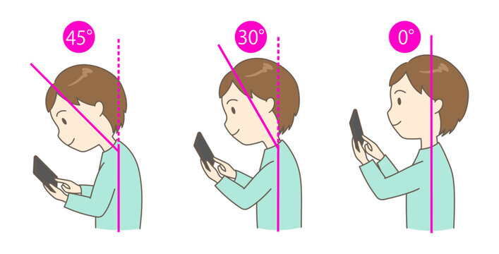 スマホを正しい姿勢と猫背で見ている若い男性の３つの角度の比較イラスト（ヨコ）