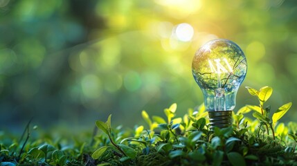 A light bulb placed among sunlit greenery, symbolizing renewable energy and the power of nature. With copy space for text.