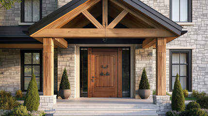 Modern front door entrance with wooden beams and stone facade. Generative AI