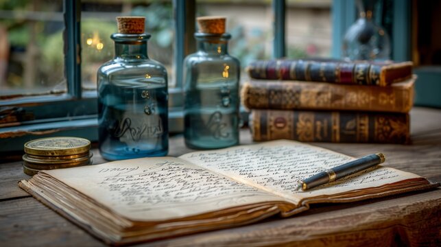A cozy, rustic writing nook featuring an open vintage journal with handwritten script, antique books, and old-fashioned blue glass inkwells by a window
