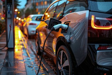 An electric car charging at a public charging station, promoting the shift to sustainable transportation.