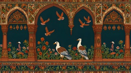 Traditional Mughal emperor holding eagle, garden, arch, temple, bird vector illustration seamless pattern.generative.ai