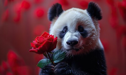 panda bear,rose flower on color background happy valentine s day concept