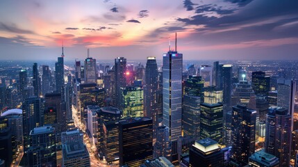 Obraz premium Capture the dynamic energy of a bustling cityscape at night, with skyscrapers illuminated against a darkened sky in an aerial view