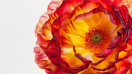 Macro photograph of a red and yellow poppy flower blooming, showing intricate details of the petals and center