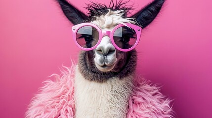 quirky portrait of a stylish llama wearing oversized pink sunglasses and a fluffy pastel coat...