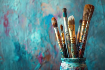 Set of colorful art brushes in a vintage ceramic pot