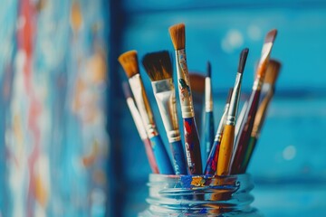 Fototapeta premium Colorful paintbrushes in a vintage jar on blue background