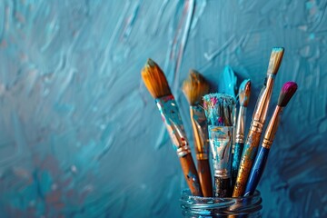 Fototapeta premium Colorful paintbrushes in a vintage jar on a blue background