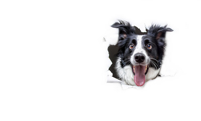 Fototapeta premium A happy black and white puppy peeks out from a torn hole in white paper. Border collie dog looking through a hole on a white background. Banner, with copy space, veterinary medicine, animal food