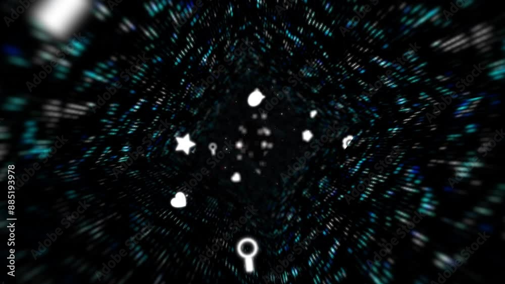 Poster Apps, light and motion dots in studio for networking, connectivity and online cloud computing. Colorful, database and icons for cyberspace with search engine and technology emojis by black background