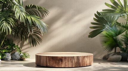 Wooden podium surrounded by lush tropical foliage. Copy space. Generative AI	