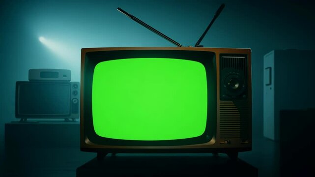 Vintage television with green screen zoom in. Ideal for customize your background. Retro, media, and technology content featuring a classic TV