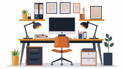 Stylish home office with accessories, productive setting, flat design, isolated on white background