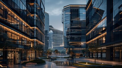 Modern office building with glass facades. Generate AI image