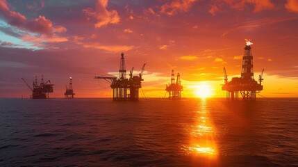 Obraz premium The sun setting behind a cluster of offshore oil rigs