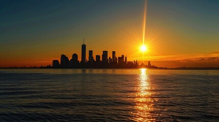 Fototapeta premium The sun setting behind a distant city skyline