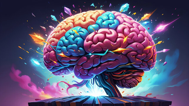 Abstract art of a human brain exploding with vibrant knowledge and creative energy