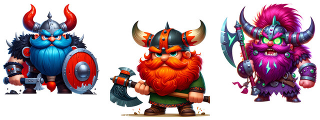 Watercolor cartoon vikings clipart, isolated on transparent background