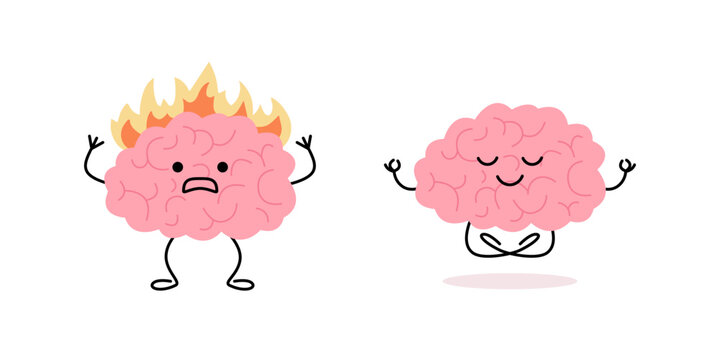 Brain with fire, burnout on stress and happy healthy with meditation yoga relax, cute child character. Intense brain activity from overwork, tension and balance in pose lotus, keep calm. Vector illust