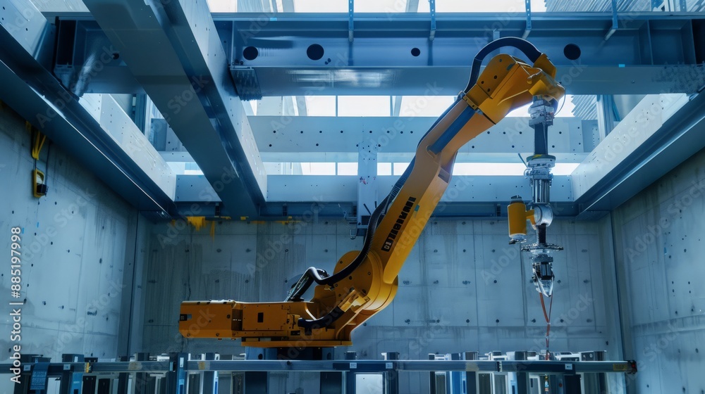 Poster document the use of robotic arms in the precise placement of structural beams in a new building. hig