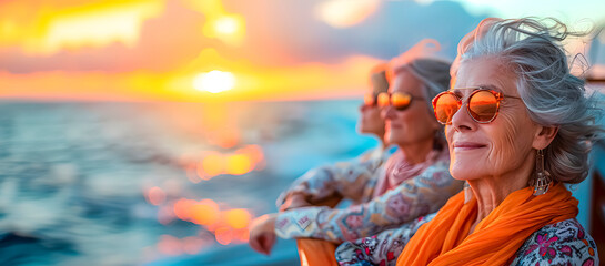 Retired adult women spending their vacation on a cruise ship.