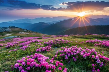 Obraz premium Pink Rhododendron Field at Sunset in the Carpathian Mountains