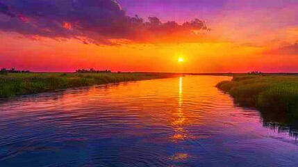 Obraz premium The sun setting behind a peaceful riverbank