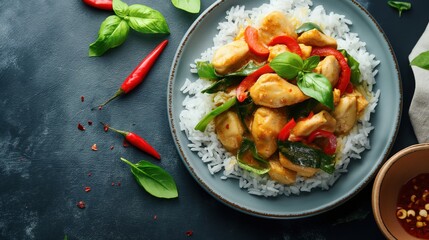 A plate of white rice topped with chicken stir-fry containing bell peppers and fresh basil leaves, with chili peppers and basil leaves scattered around.