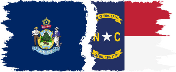 North Carolina and Maine states grunge brush flags connection, vector