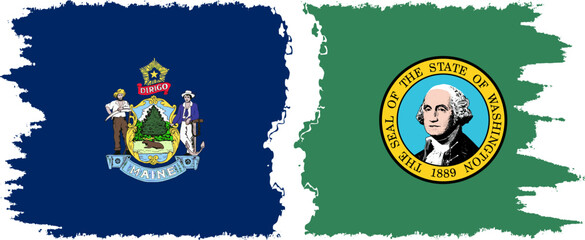 Washington and Maine states grunge brush flags connection, vector