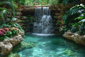 An exotic jungle waterfall, cascading into a crystal-clear pool, with lush green foliage and vibrant flowers all around.