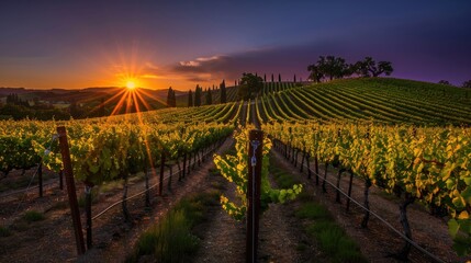 Fototapeta premium The sun setting behind a quiet vineyard with rows of grapevines