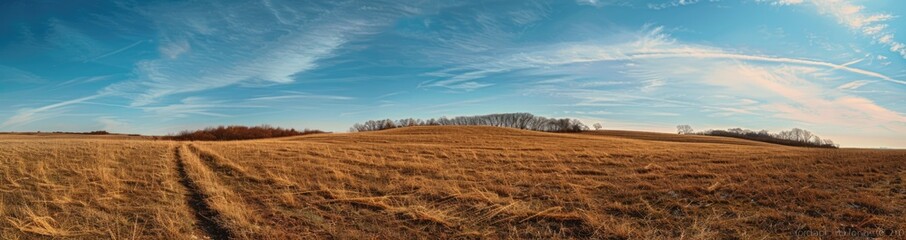 Panoramic View of a Golden Field Under a Blue Sky