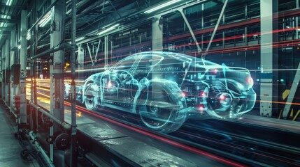 Obraz premium Experiment with long exposure photography to depict the dynamic motion of robotic vehicles transporting materials.