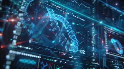 Futuristic Holographic 3D Model of DNA Strands in Cool Colors - High-Tech Sci-Fi Digital Render