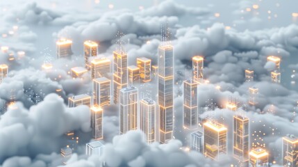 A futuristic cityscape with glowing skyscrapers emerging from clouds, presenting a dreamlike and surreal urban landscape.