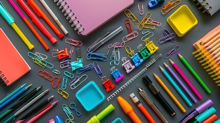 An assortment of stationery items like paper clips, sticky notes, and highlighters spread out on a desk