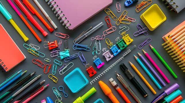 An assortment of stationery items like paper clips, sticky notes, and highlighters spread out on a desk