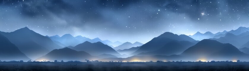 Fototapeta premium Stunning panoramic view of serene mountains under a starlit sky, offering a tranquil and peaceful ambiance. Perfect for nature and travel enthusiasts.