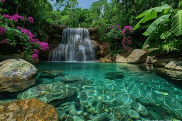 Naklejka premium An exotic jungle waterfall, cascading into a crystal-clear pool, with lush green foliage and vibrant flowers all around.