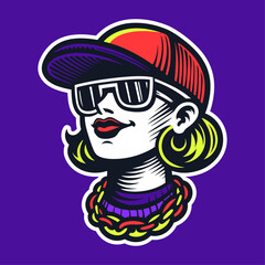 woman wearing street style casual outfit with a necklace chain and cap portrait illustration