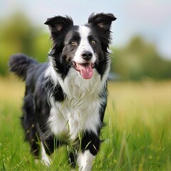 Fototapeta premium Border Collie dog standing in green grass. Dog on walk.