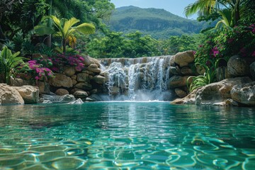 Naklejka premium An exotic jungle waterfall, cascading into a crystal-clear pool, with lush green foliage and vibrant flowers all around.