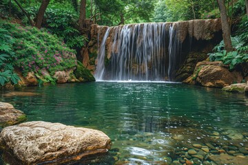 Fototapeta premium An exotic jungle waterfall, cascading into a crystal-clear pool, with lush green foliage and vibrant flowers all around.