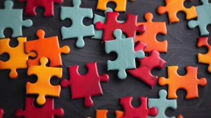 Connected puzzle pieces illustrating collaboration, icon, fitting together. have copy space for text, focus cover all object, deep dept of field