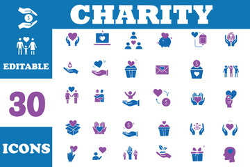 Charity and donation editable flat icons set. Flat icon collection. Charity related symbols : Donation, unity, caring, community, assistance, support, donor, help, volunteer, icons and more signs