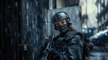 Naklejka premium Close-up of a female special operations soldier in tactical gear holding a rifle in an urban setting during rainfall.